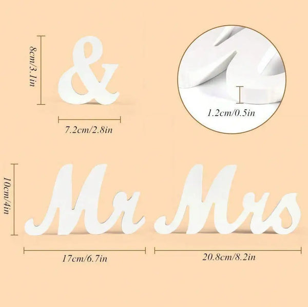 White wooden decorative letters spelling out Mr and Mrs for weddings and home decor