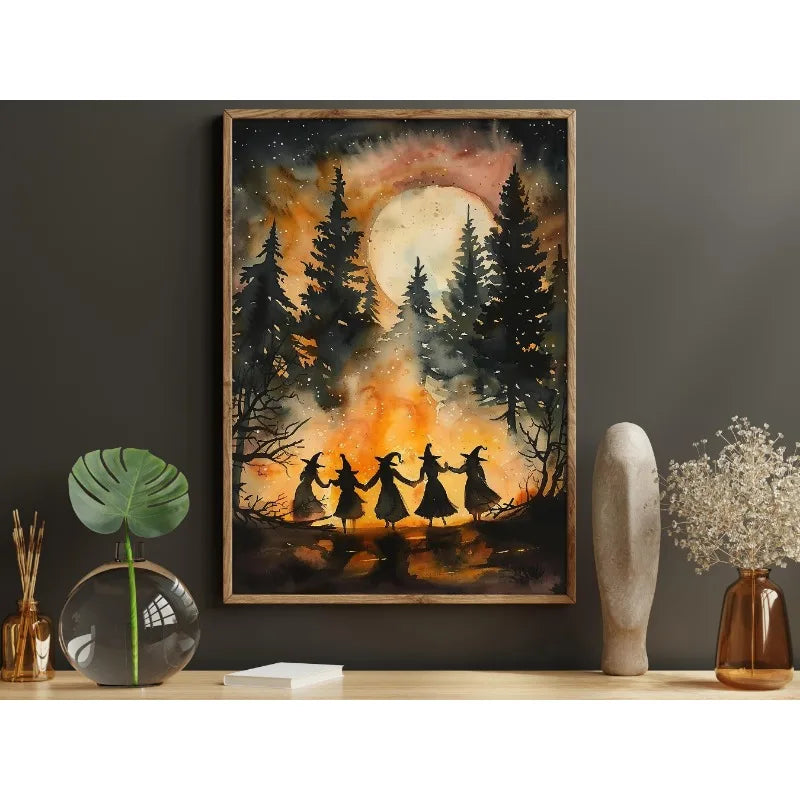 Canvas wall art depicting a dark witch silhouette against a glowing moon in a forest landscape.