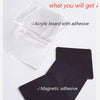 A kit showing acrylic board with adhesive and magnetic adhesive for making custom fridge magnets.