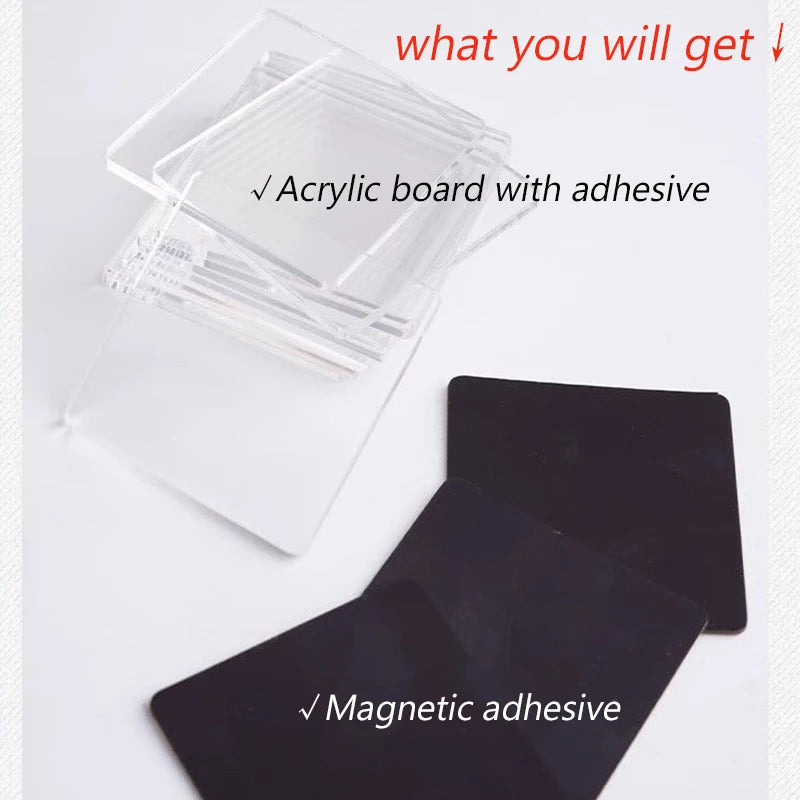 A kit showing acrylic board with adhesive and magnetic adhesive for making custom fridge magnets.
