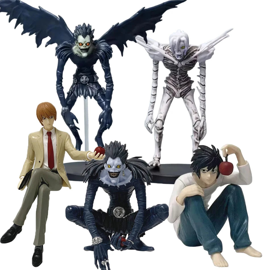 PVC figures of Death Note characters Light, L, and Ryuk standing and sitting.