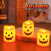 A set of glowing orange flameless LED candles shaped like jack-o'-lanterns and skulls for Halloween decor.