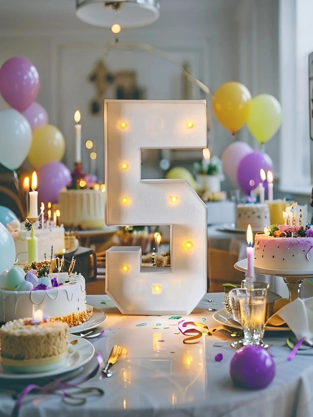A white LED marquee number frame shaped like the number 5 is displayed on a table surrounded by balloons and candles.