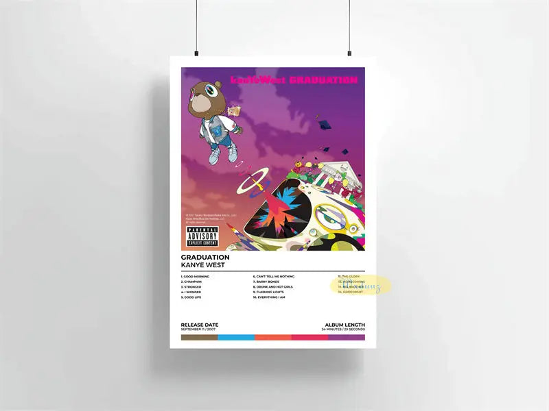 Arte de álbum en lienzo para pared, decorativo, con un oso de dibujos animados celebrando la graduación contra un fondo morad