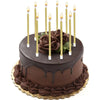 A dark chocolate birthday cake decorated with edible flowers and lit candles.