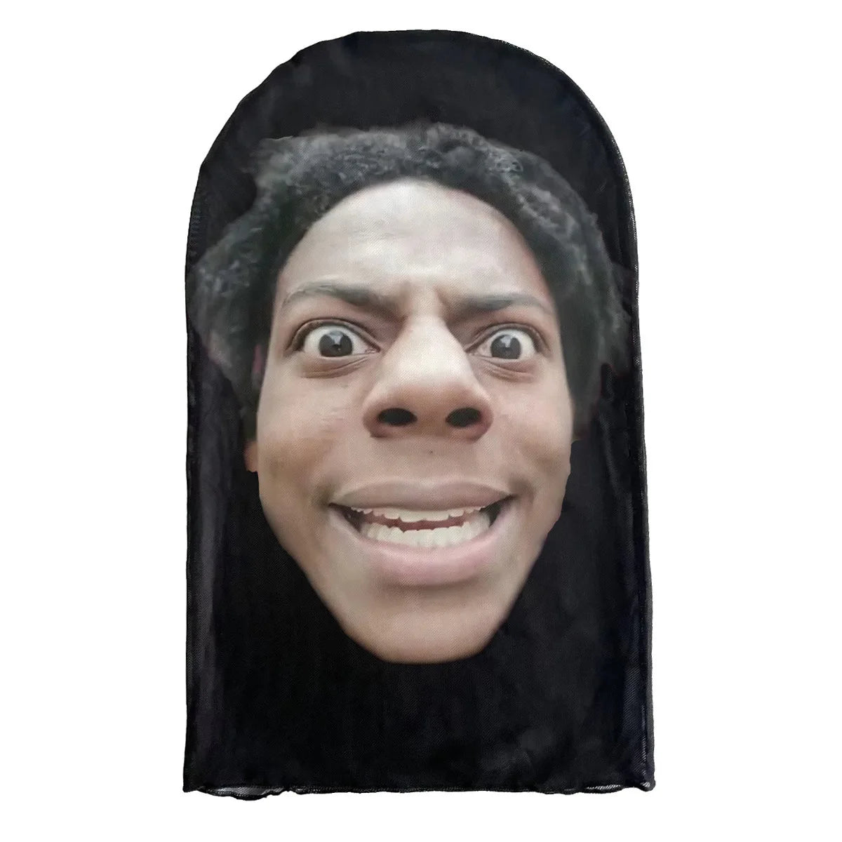 A black fabric mask shaped like a person's face, used for celebrity cosplay.