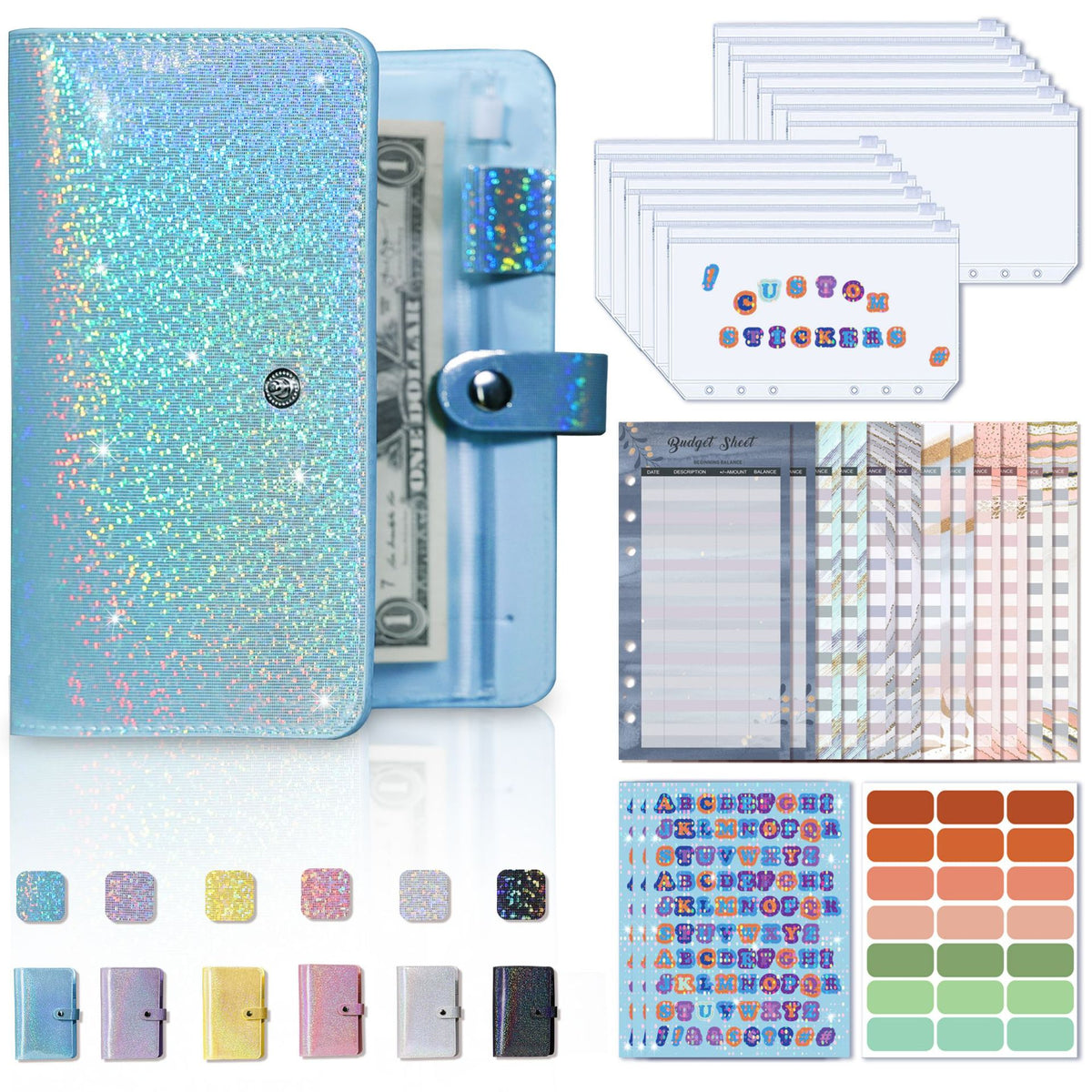 A set of colorful leather cash envelopes and a budget organizer with various colored sheets and stickers.