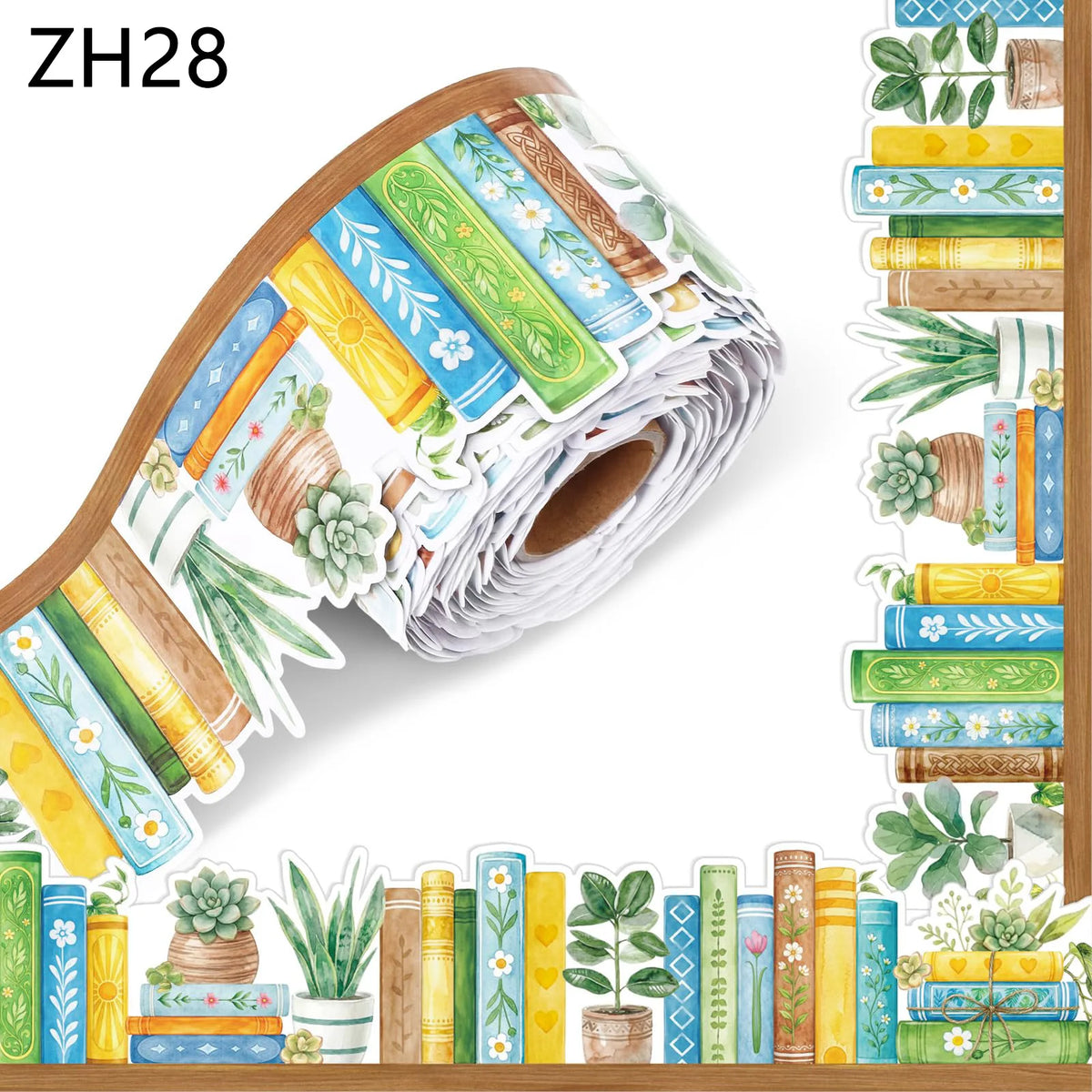 Roll of decorative sticker border featuring various colored books and botanical elements for a bookshelf