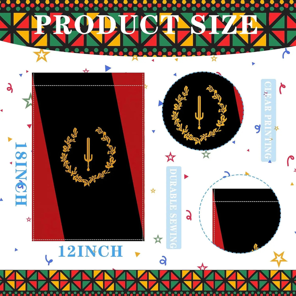 A product size chart showing a 12 inch and 18 inch flag design with gold embroidery.