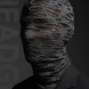 A close-up of a black mesh balaclava face mask worn on a person's head.