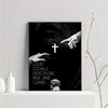 Black canvas wall art featuring a silhouette of a hand reaching toward a cross and text about God goals discipline rise and g