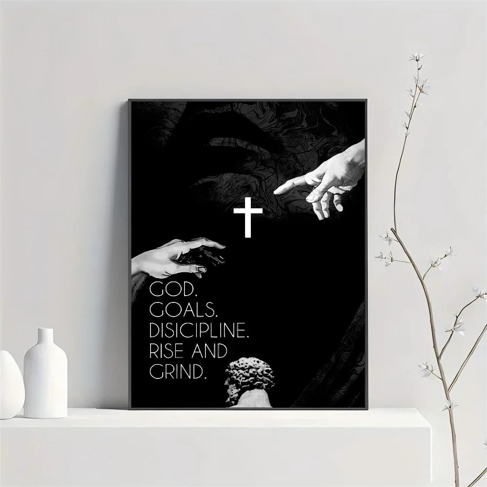 Black canvas wall art featuring a silhouette of a hand reaching toward a cross and text about God goals discipline rise and g