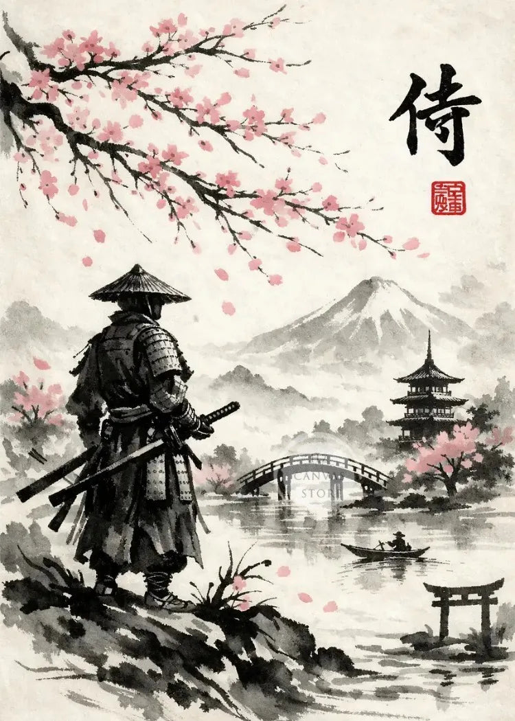 A black and white ink painting depicts a samurai figure standing on a cliff overlooking a landscape with cherry blossoms and 