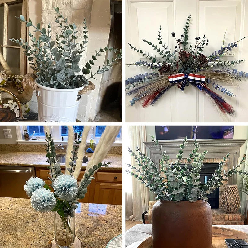 A collection of artificial eucalyptus leaf plants in various sizes and arrangements for home decor.