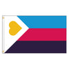 A flag design featuring horizontal stripes of blue, magenta, and dark blue, with a yellow heart shape on the hoist side.