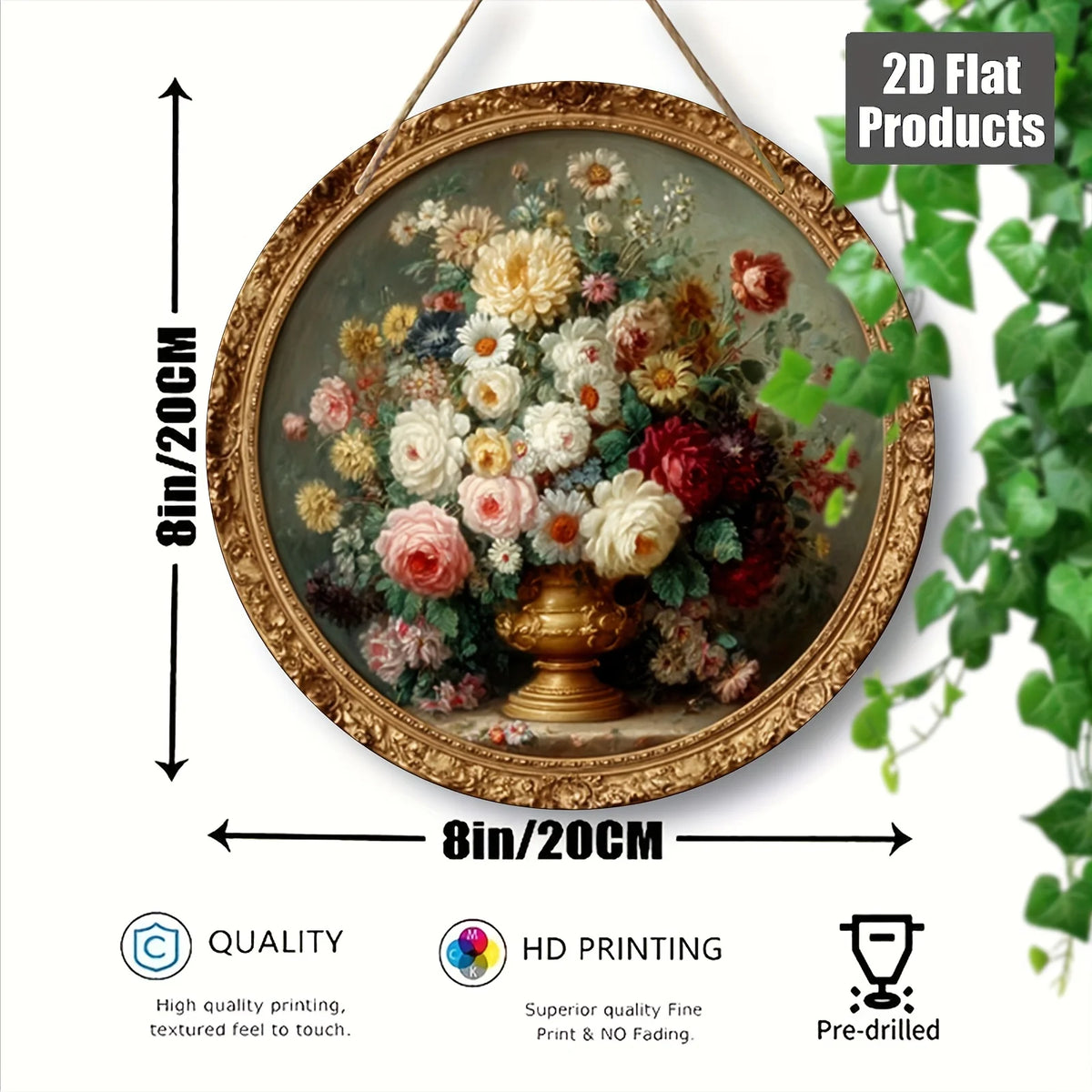 Round vintage floral wall art featuring a bouquet of roses and greenery in an ornate gold frame