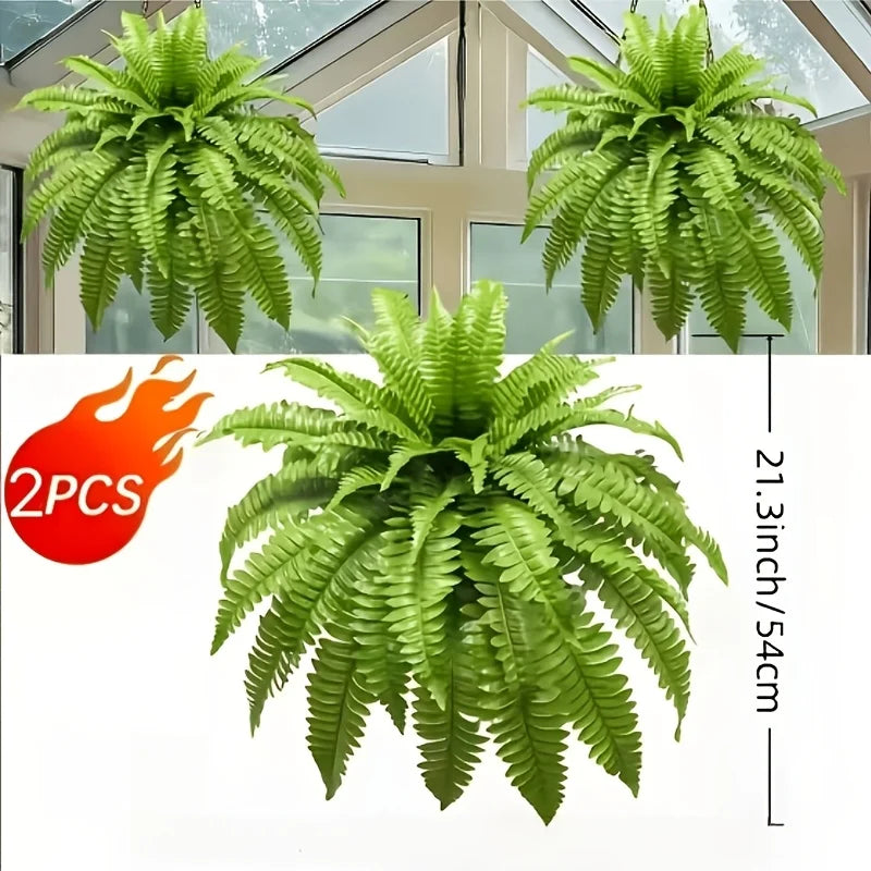 Two artificial Boston ferns, 21.3 inches tall, displayed in a bright indoor setting.