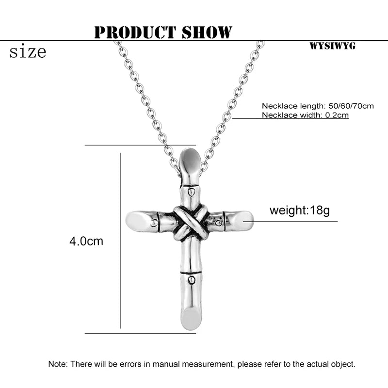 Silver stainless steel cross necklace with a chain and pendant shown against a white background