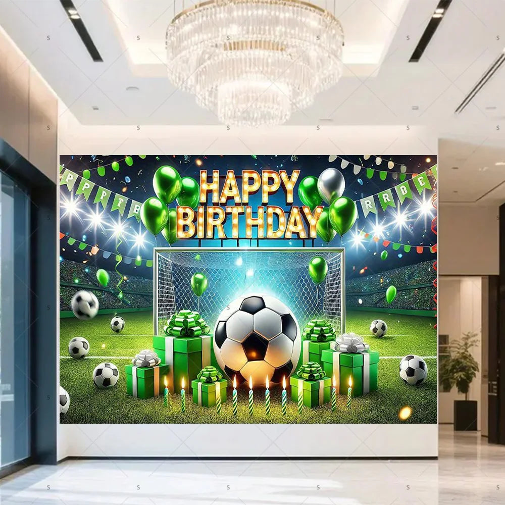A vibrant football themed birthday backdrop featuring a soccer ball, trophies, and crowns on a green field.