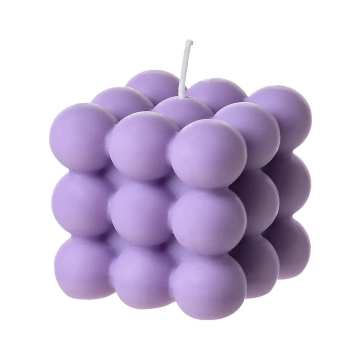 A cluster of small, round soy wax candles in light purple and white colors.