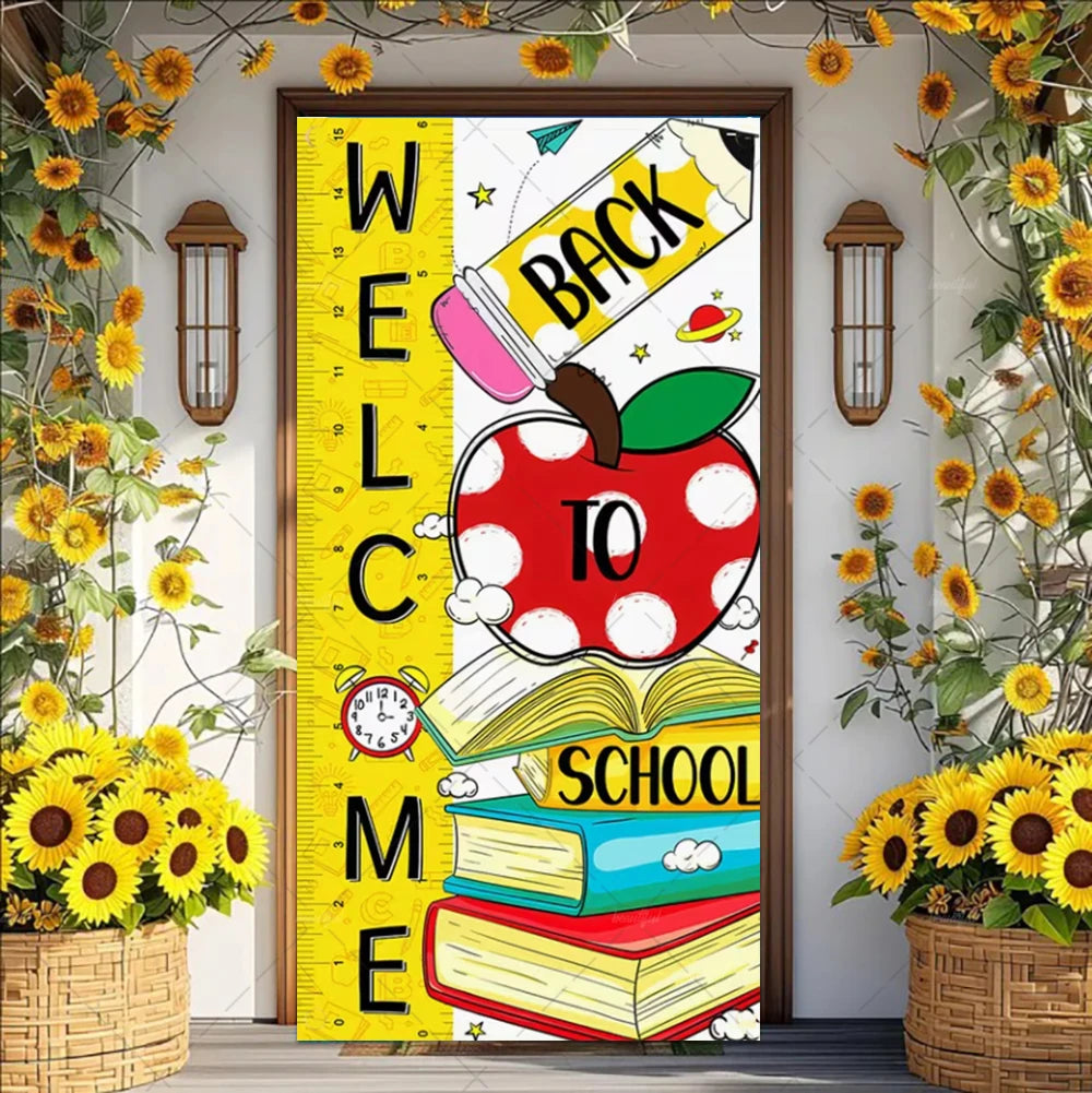 A vertical vinyl banner featuring the words WELCOME BACK TO SCHOOL decorated with colorful illustrations of apples and books.