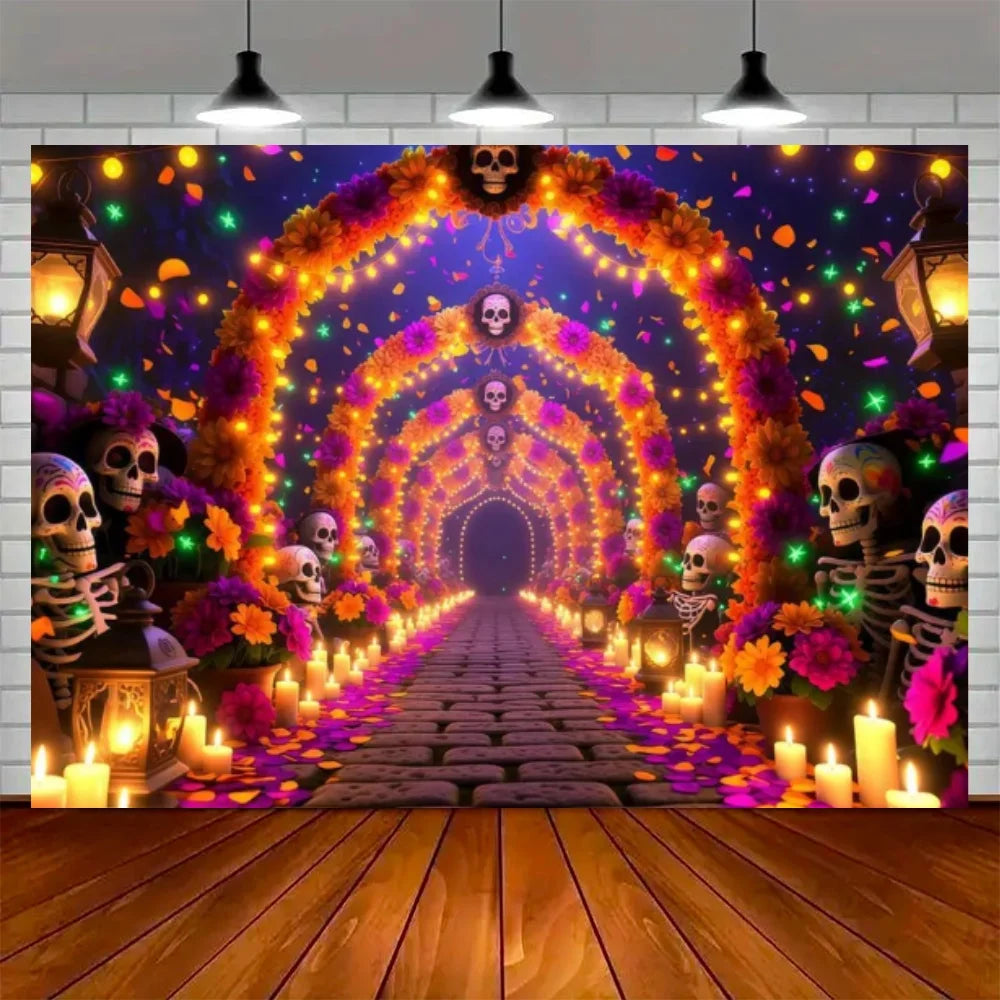 Day of the Dead Skeleton Carnival Backdrop for Halloween Party Decorations