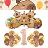 A collection of gold and brown balloons featuring capybara faces for a birthday party decoration kit.