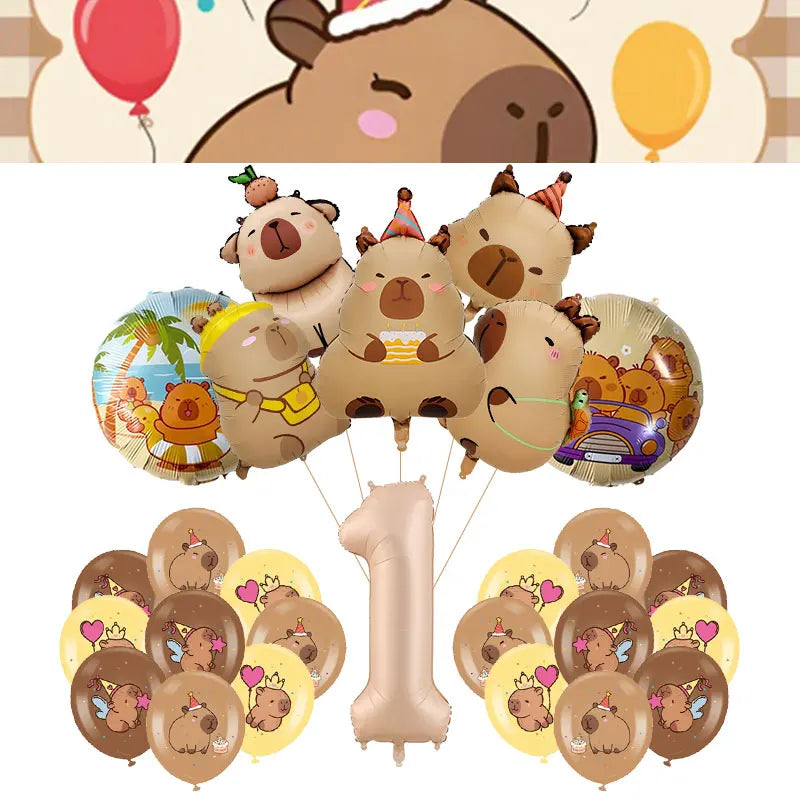 A collection of gold and brown balloons featuring capybara faces for a birthday party decoration kit.