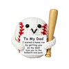 Handmade crochet baseball bat doll with a positivity card featuring a message to dad