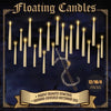 A set of twelve floating candles with a magic wand remote for indoor and covered outdoor use.