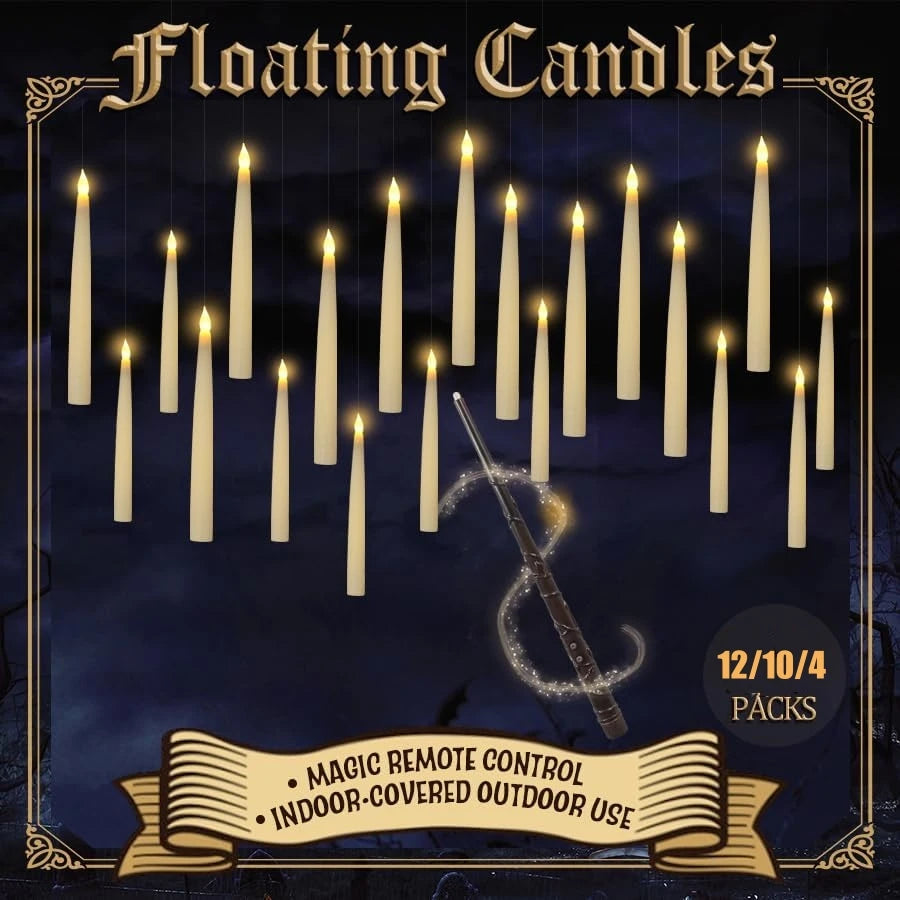 A set of twelve floating candles with a magic wand remote for indoor and covered outdoor use.