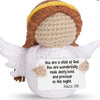 Handmade crochet angel doll with brown hair and white wings, featuring an inspirational card.
