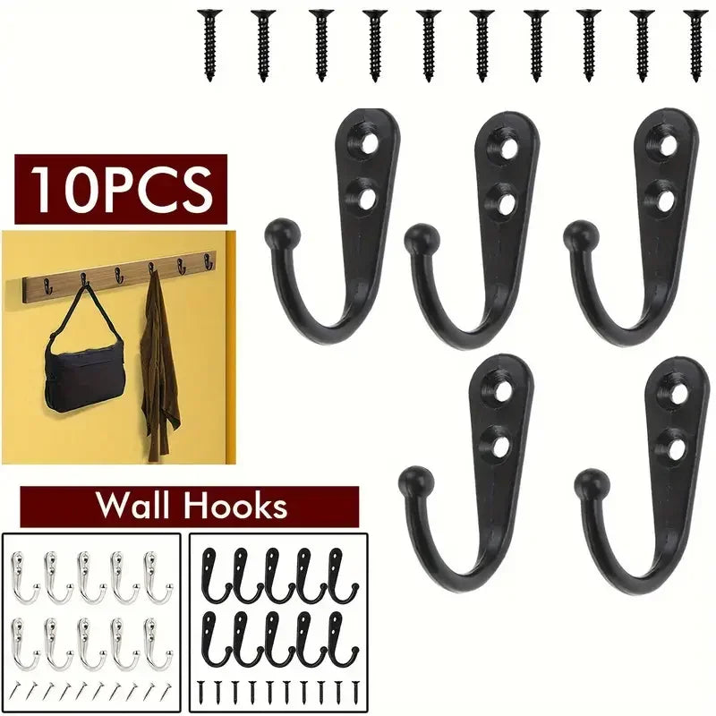 Ten black aluminum wall hooks with screws for hanging coats, towels, and bags.