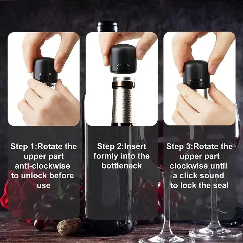 A hand is shown rotating the upper part of a reusable silicone wine bottle stopper into the bottle neck to secure the seal.