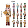 Twelve wooden nutcracker soldiers in various outfits and poses for Christmas decoration