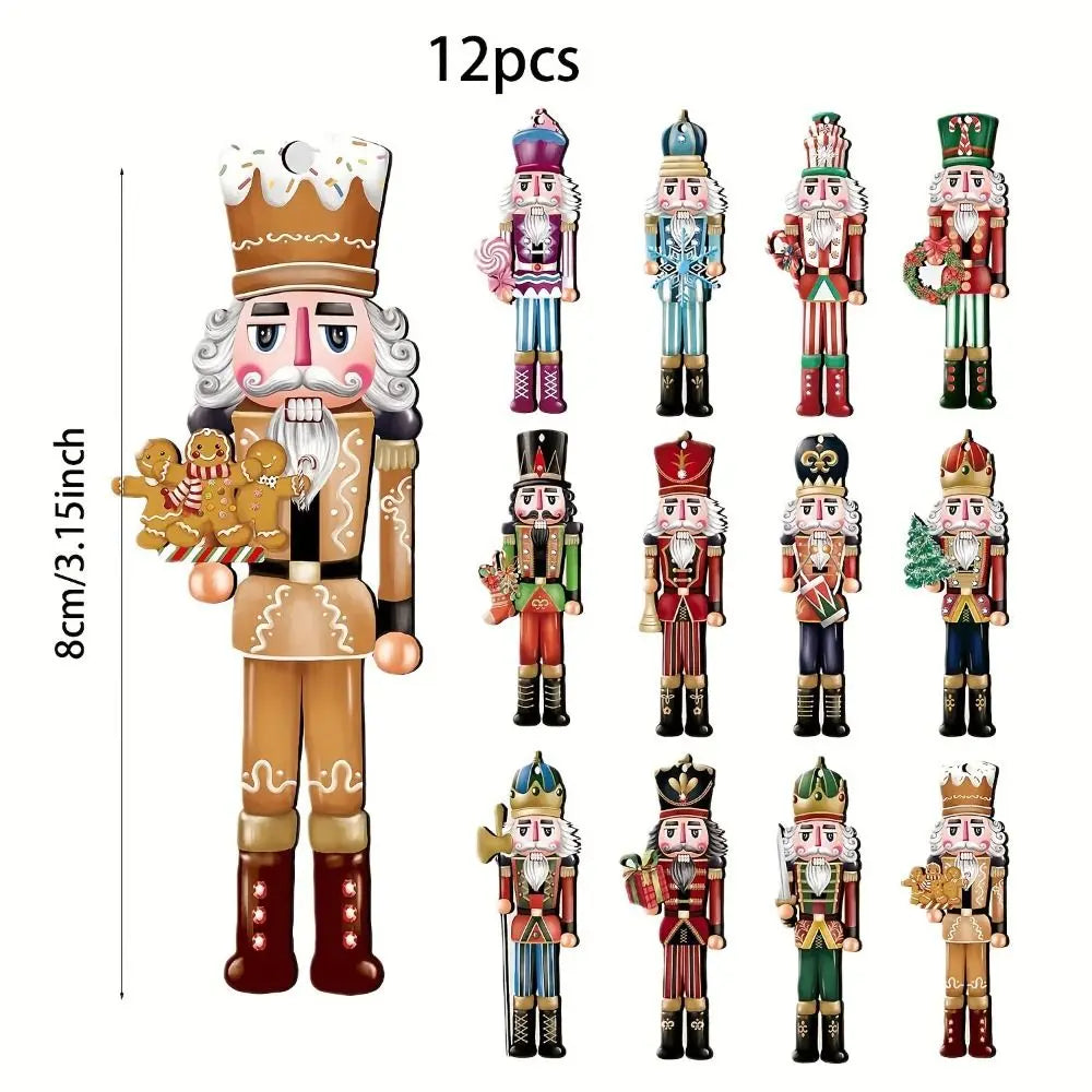 Twelve wooden nutcracker soldiers in various outfits and poses for Christmas decoration