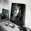 A framed canvas art poster featuring a dynamic image of Ronaldo in a white jersey and shorts, with a vintage car model displa