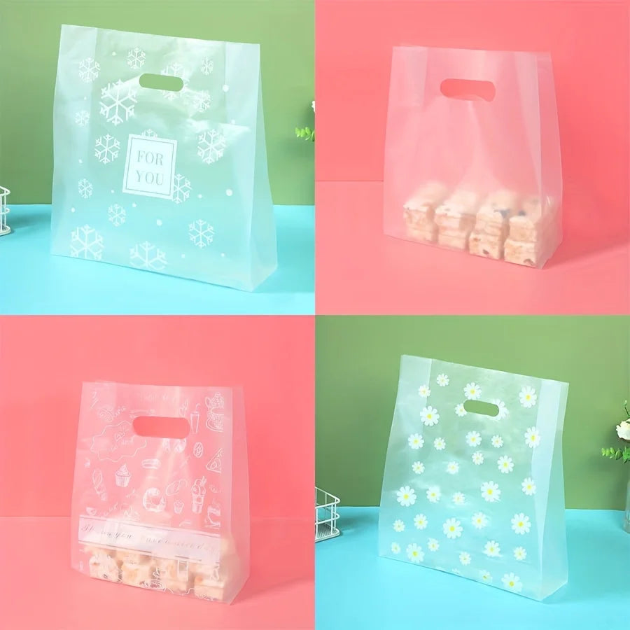 Several clear plastic gift bags with daisy print patterns are displayed on a pink and teal background.