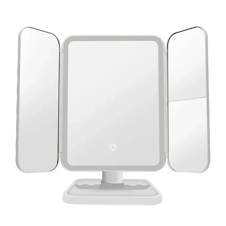A white tri-fold LED makeup mirror with a rectangular face and surrounding reflective panels.