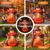 A large orange inflatable pumpkin turkey with LED lights is shown in various outdoor settings like a courtyard, party, garden