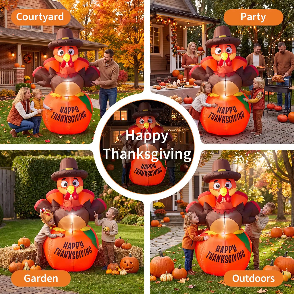 A large orange inflatable pumpkin turkey with LED lights is shown in various outdoor settings like a courtyard, party, garden