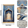 A blue and gold prayer rug featuring an arched design with floral patterns and a fringed edge.