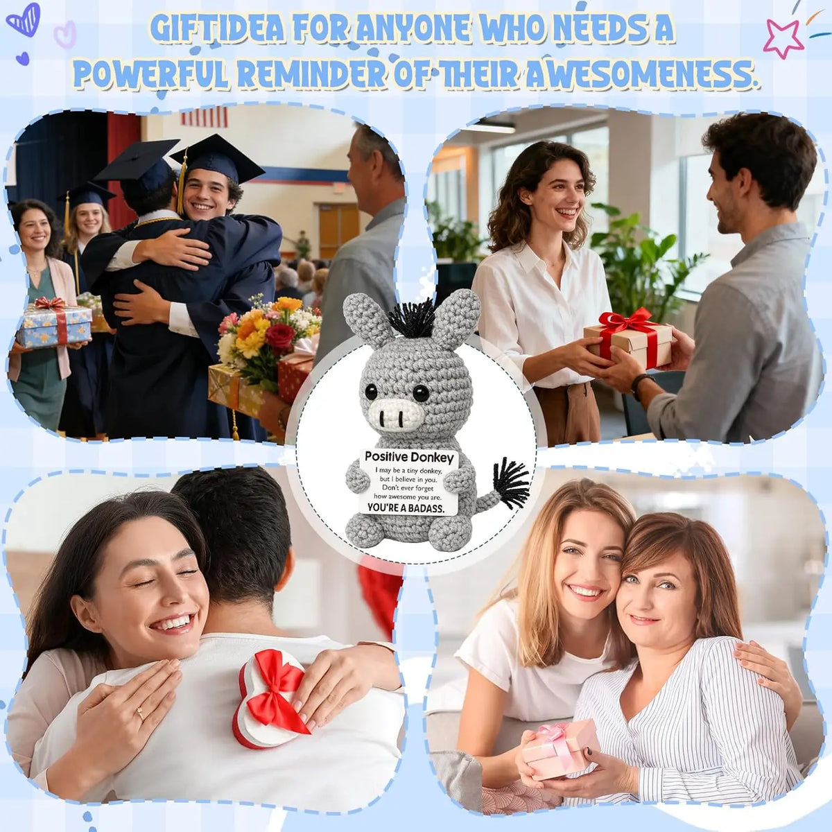 A collage of people celebrating their awesomeness, including a graduation photo and women smiling with a handmade crochet don