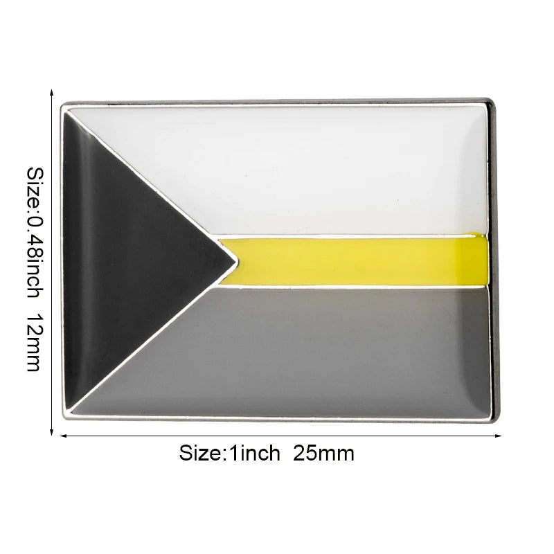 A rectangular lapel pin featuring a black triangle, a gray base, and a yellow stripe.