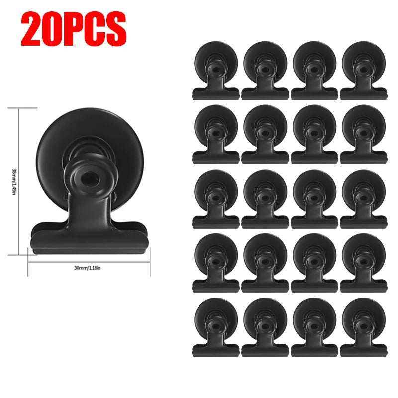 A set of 20 heavy duty black fridge magnetic clips shown in various orientations.