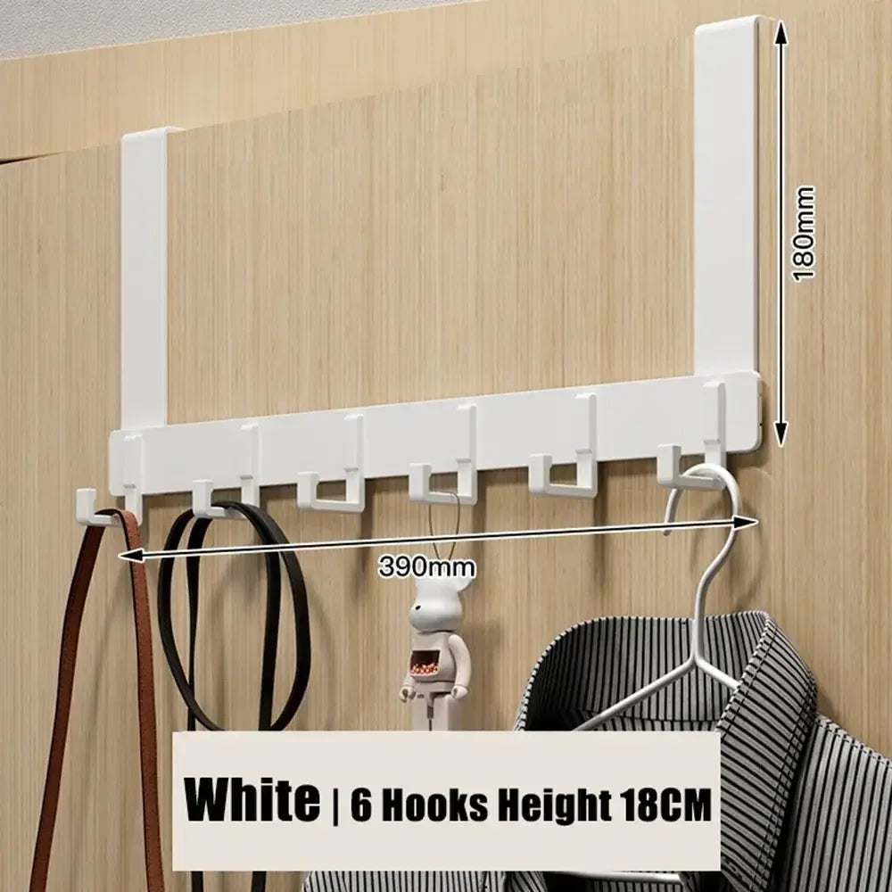 White heavy duty aluminum door hooks with 6 capacity mounted on a wooden surface