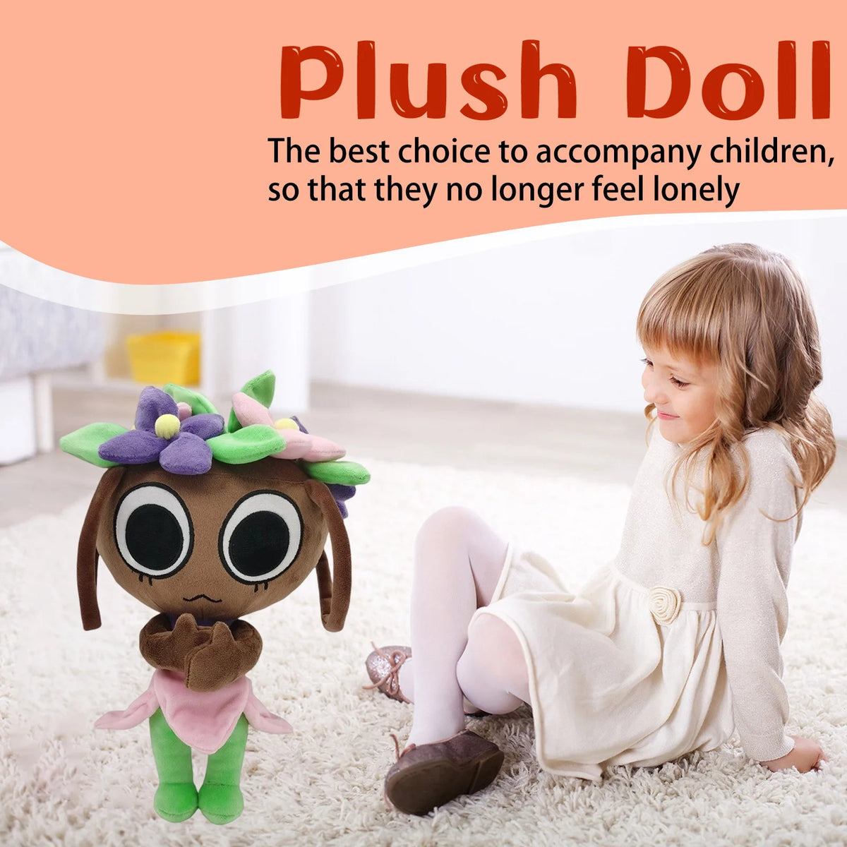 A young girl is playing with a brown plush doll while sitting on a white rug.