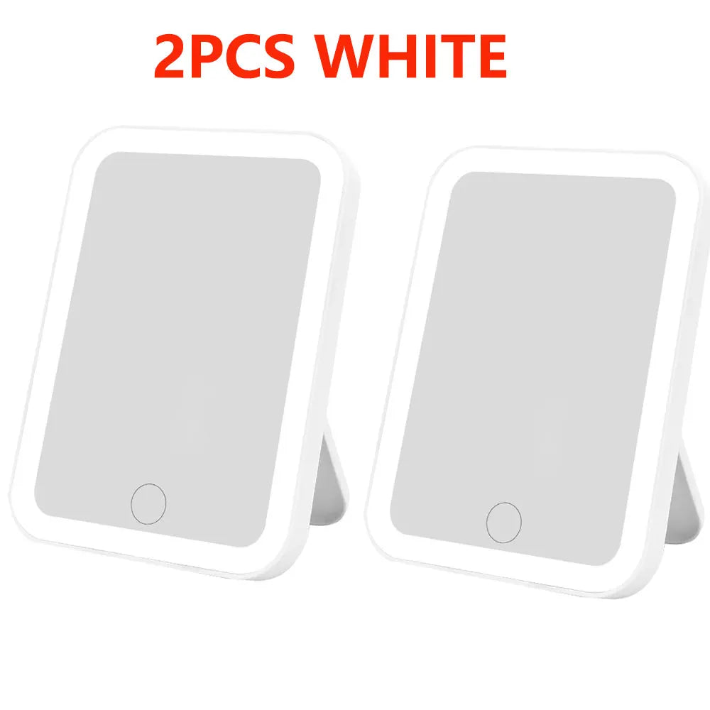 Two white touch screen LED vanity mirrors shown side by side.