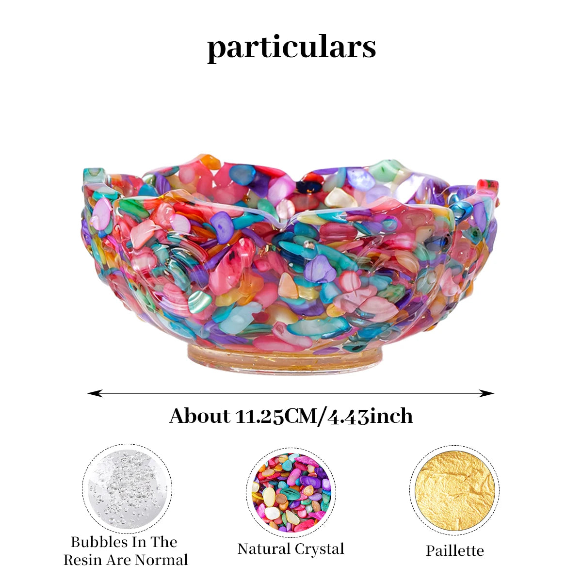 A colorful resin lotus bowl filled with iridescent bubbles, natural crystals, and paillette for meditation and home decor.