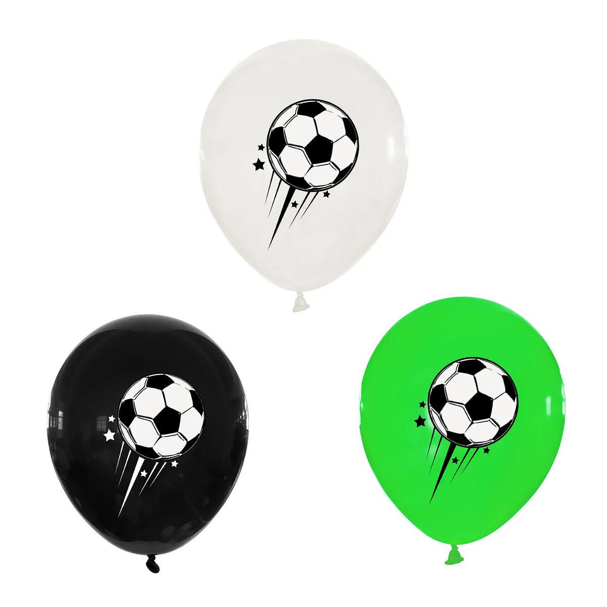 A set of three latex balloons featuring soccer balls with black and green designs.